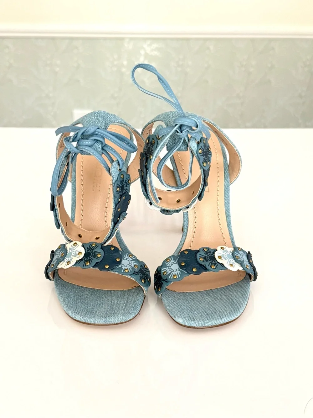 Coach Light Blue Denim Floral Appliqué High Heel Sandals